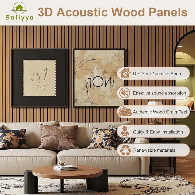 Safiyya 3-Piece 3D Thick Wood Slat Wall Panels for Interior Wall Decor 15.7 "x35.4", Self-Adhesive Acoustic Wall Panels for Stylish Decor and Noise Reduction, Teak - Image 6