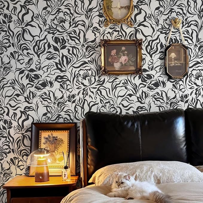 Ismoon Black and White Wallpaper Peel and Stick Floral Contact Paper 17.3in x 16.4ft Peony Flower Modern Striped Abstract Wall Paper for Bathroom Bedroom Removable Vinyl Renter Friendly - Image 2