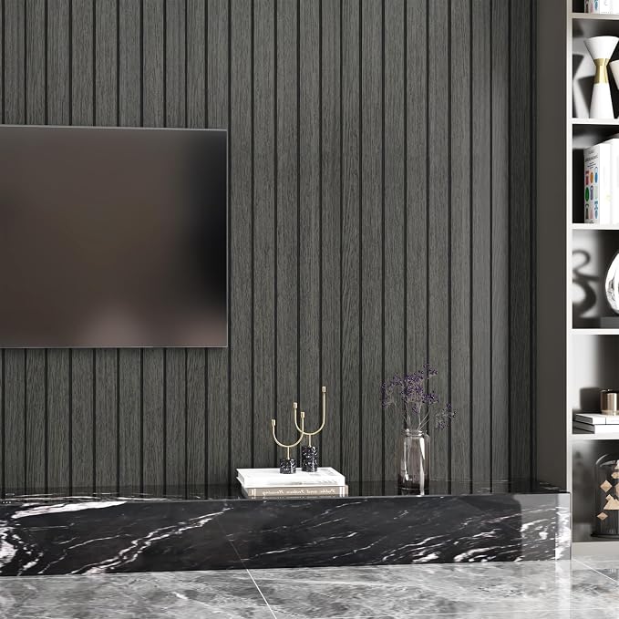 Grey Black Slat Wall Paneling Peel and Stick Panels Wood Slat Wall Panel 3D Fluted Flexible Wood Panels 11.8"x197" Wooden Planks for Walls Removable Vinyl Walls Panel for Bedroom Living Room - Image 2