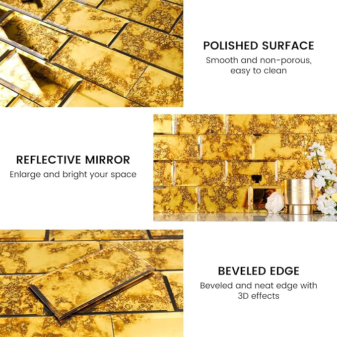 Peel and Stick Gold Dark Antique Mirror Subway Tile 3 x 6 Inch Beveled Mirror Tiles for Kitchen Backsplash Bathroom Wall Pack of 40 Pieces - Image 5