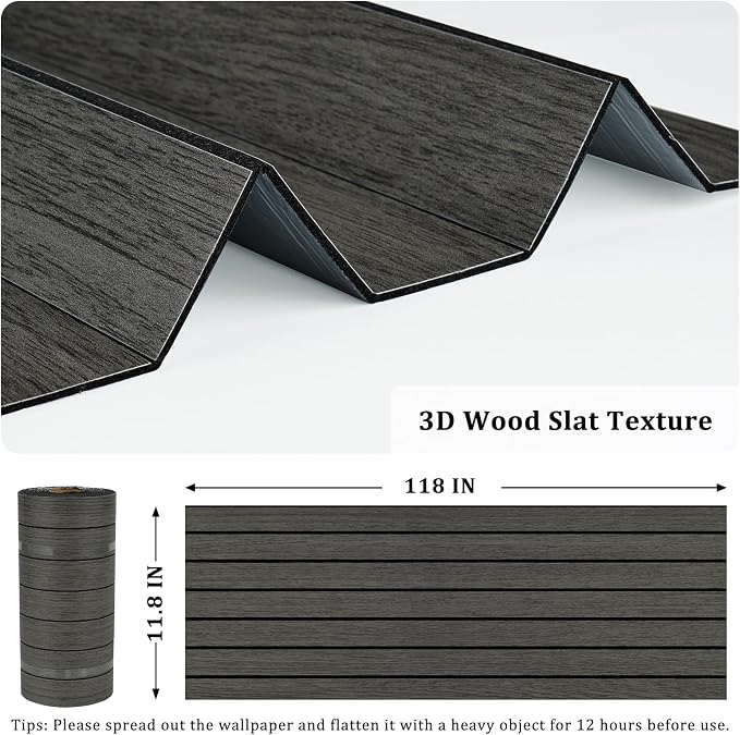 Peel and Stick 3D Textured Wood Slat Panels for Bedroom Walls | Removable Soundproof Wood Slatted Wall Panel Self Adhesive Wood Paneling for Living Room Kitchen Office 11.8"x118" Grey/Black - Image 6
