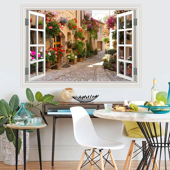 Fake Window Wall Decals Spring Italy Rose Alley Flower Wall Art Sticker | ｜Faux Window Natural Scenery Landscape Mural ｜ Stick and Peel Wall Decal｜Room Bedroom Office Decor｜Large Murals 66"x48" - Image 2