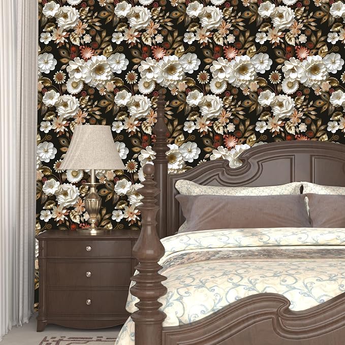 Laatse Dark Gold Floral Wallpaper Peel and Stick 17.5" × 393" | Self Adhesive/Removable/Waterproof/Thick Vinyl Contact Paper for Bathroom Bedroom Shelf Cabinet Drawer,Prepasted,Easy Peel - Image 3