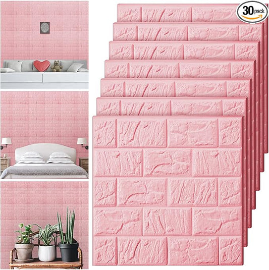 Tinlade 30 Pcs 3D Wall Panels Peel and Stick Wallpaper Foam, Elegant Pink | Faux Brick Stone Tiles, Covering 28.8-48.4 Sq ft, Self Adhesive Waterproof Panels for Bedroom Living Room Kitchen Walls by Tinlade