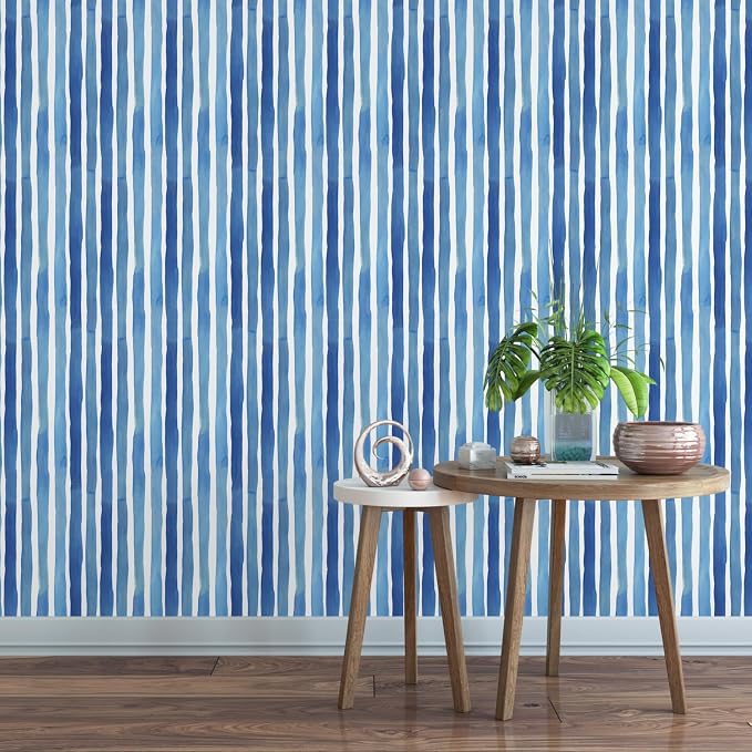 Watercolor Blue Vertical Stripe Peel and Stick Wallpaper 17.3" x 197" Modern Abstract Geometric Contact Paper, Waterproof Self-Adhesive Removable Vinyl Wallpaper for Bedroom, Cabinets, Bathroom Decor - Image 8