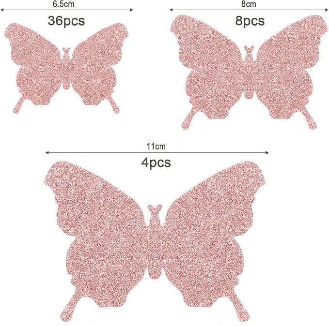 BBTO 48 Pcs 3D Butterfly Mirror Wall Decor,Glitter Pink | Butterfly Stickers,3 Sizes,for Birthday Party Cake,Room Nursery Bathroom Wall Decor,Removable Peel Stick,Reflective - Image 2