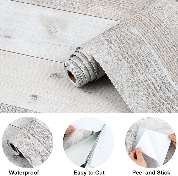 WENMER Grey Wood Wallpaper 17.71" x 118" Shiplap Peel and Stick Wallpaper Wood Contact Paper Self Adhesive Wallpaper Wood Plank Wall Paper for Cabinets Kitchen Shelf Drawer Wall Door - Image 7