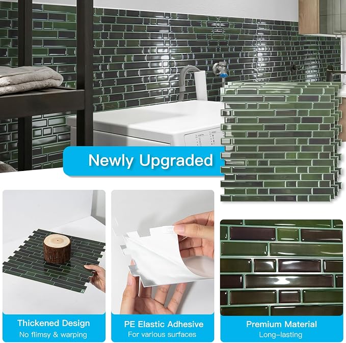 Art3d Linear Design Tile Peel and Stick Backsplash, 10-Sheet, Dark Green | 12 x 12 Inch, Enhanced Thickness, Warp Resistant, Strong Adhesion, Sturdy, for Kitchen, Bedroom, Ideal for Home Improvement - Image 5