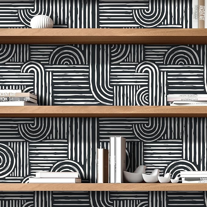 Livelynine Geometric Peel and Stick Wallpaper Black and White Modern Mid Century Geometric Abstract Wall Paper Contemporary Minimalist Lines 17.5x78.8 Geometric Pattern Contact Paper for Cabinets - Image 4