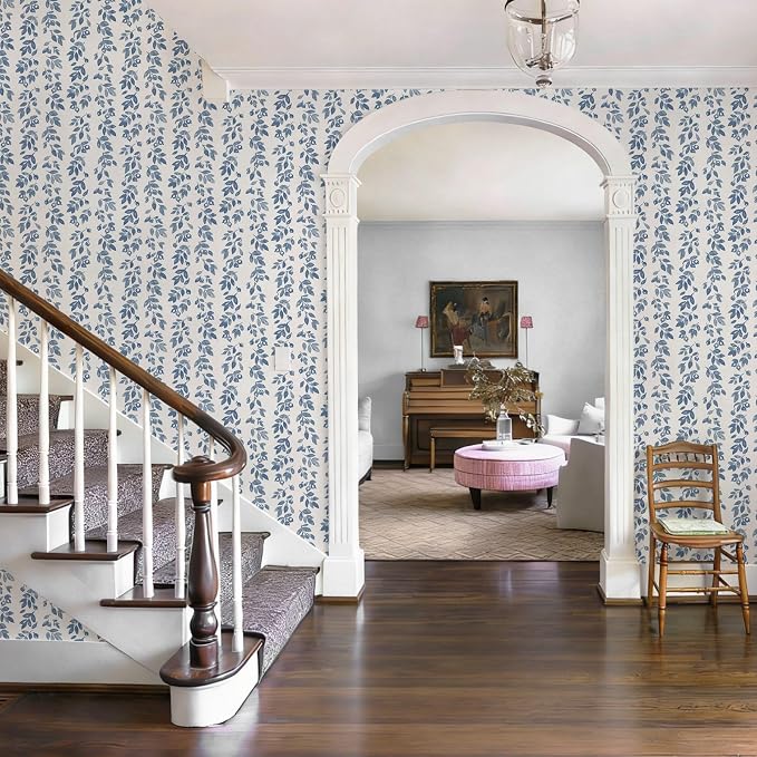 Ismoon Blue Wallpaper Peel and Stick Vintage Wallpaper 17.3in x 32.8ft Blue Leaf Contact Paper Vintage Cottage Wall Paper for Bedroom Bathroom Kitchen Nursery Removable Vinyl - Image 7