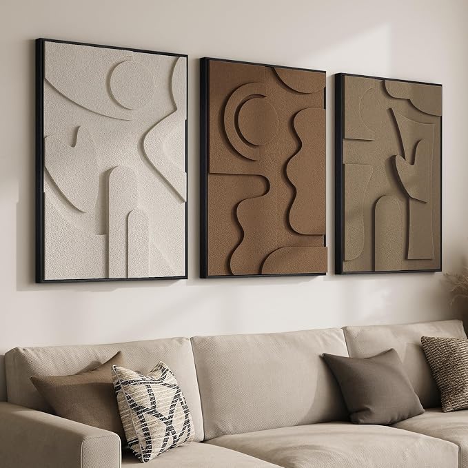 Large 3D Textured Framed Neutral Abstract Wall Art for Living Room, 3 Piece | Solid wood frames, sculptural relief forms, warm earth tones, ready to hang, big size 24x36 in, wall decor for bedroom office by Cuspin