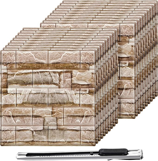 Colarr 60 Pcs 58 Sq ft 3D Wall Panels Peel and Stick Faux Foam 3D Brick Wallpaper Faux Paneling Adhesive Wall Covering Panels Decorative Medieval Tiles Waterproof for Bedroom(Brick Color) by Colarr