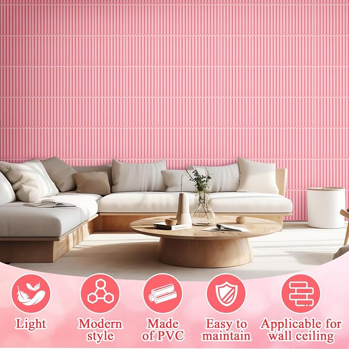 Nuanchu 32 Pcs 3D Wall Panels, 12"x12" PVC Fluted Tiles, Pink | Waterproof Accent Panels, Paintable Wall Tiles, for TV Background, Bedroom, Bathroom, Gaming Room, Cuttable Home DIY Decor - Image 5