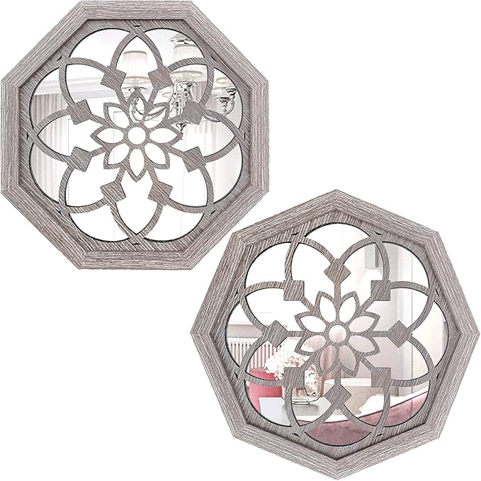 ZOLAPI 2 PCS Octagon Wall-Mounted Mirrors,Vintage Farmhouse Mirror for Wall Decor,Barn Wood Color Decorative Accent Mirror for Foyer, Bathroom, Bedroom. (12”x12”) by ZOLAPI