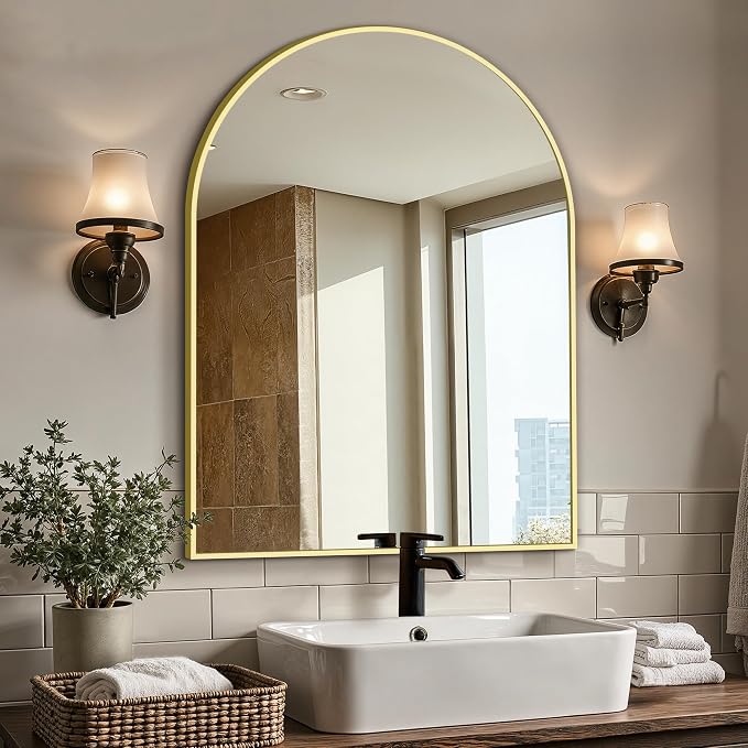 Arched Bathroom Vanity Mirror for Over Sink, 40”x30”, Gold by LawadaMirror