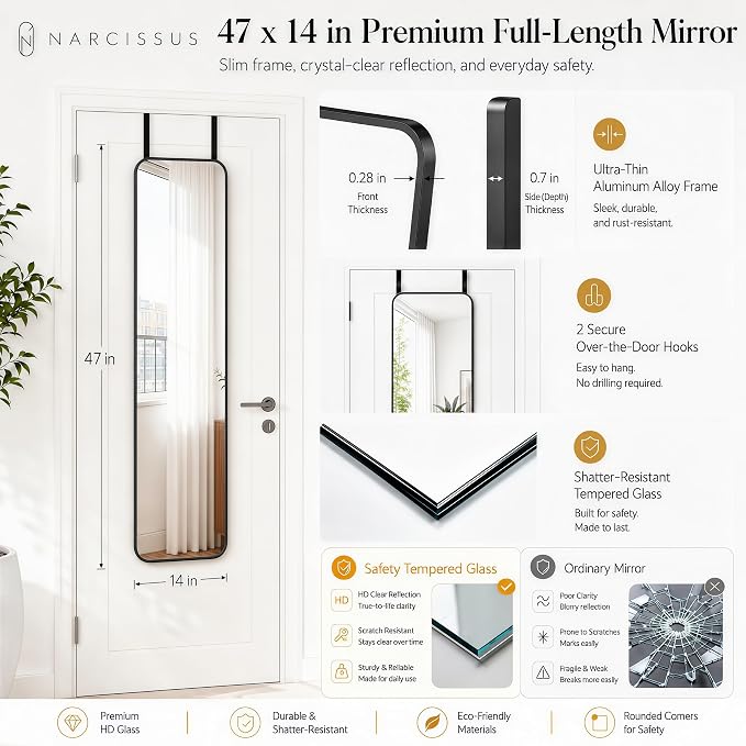 NARCISSUS Over the Door Full Length Mirror 47x14 Inch, Wall Mounted Dressing Mirror, Door Hanging Full Body Mirror HD Reflection Glass for Bedroom, Aluminum Alloy Frame Black - Image 3