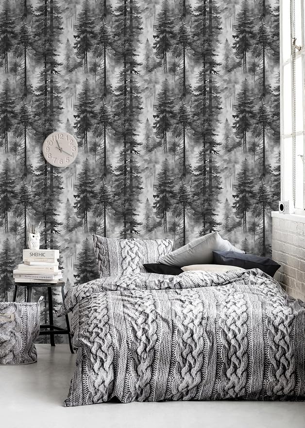 HAOKHOME Forest Wallpaper Peel and Stick Black White Mural 17.3in x 32.8ft | Extra Long Self Adhesive Wall Paper Tree Landscape Mountain Botanical Textured Removable Waterproof for Bathroom Bedroom - Image 4