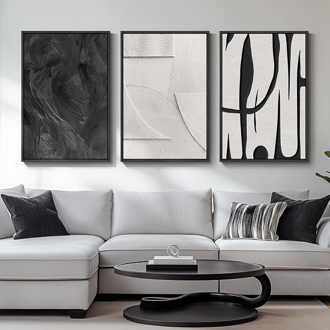 3D Large Framed Black and White Abstract Wall Art for Living Room, 3 Piece | Wood Frames, Sandstone Textured Paintings, Modern Sculptural Artwork for Walls, 24x36 In Pictures Wall Decor Bedroom Office - Image 2