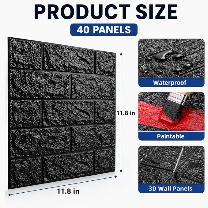 3D Wall Panels Peel and Stick Faux Foam Brick Wallpaper Covering | Black 40 PCS 11.8"×11.8" Self Adhesive Stone Wall Tiles for DIY Interior Wall Decor - Image 2