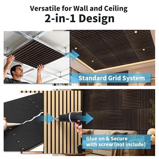 Art3d 6-Pack Acoustic Wood Slat Panel & Ceiling Tile, 2 x 2 ft, Walnut | Crack-Resistant, Scratch-Resistant, Eco-Friendly, Durable, Grid Compatible, Ideal for Living Room, Bedroom & Home DIY Upgrade - Image 8