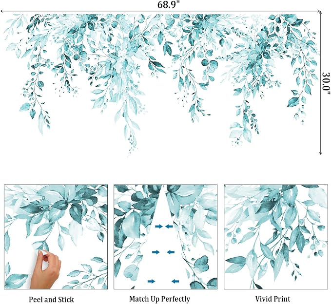 Spa Green Plants Leaves Wall Decals Peel and Stick, Large Floral Flowers Vinyl Wall Stickers, Removable Vine Home Decor Art for Bedroom Living Room Classroom Office - Image 2