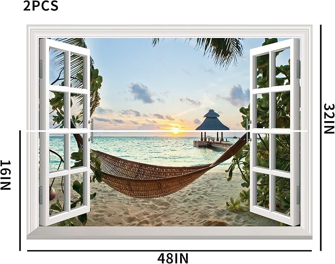 FLFK Fake Window Wall Sticker - Sunset Beach Faux Window Wall Mural for Wall Decor, Stick and Peel Wall Decals,48"x32",Set of 2 Sheets - Image 4