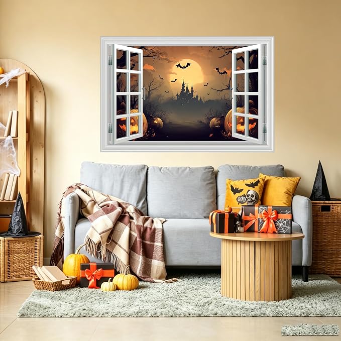 Halloween Decorations Fake Window Wall Decals，Full Moon Night View Terror Castle Pumpkin Bat Spooky Wall Art Poster Sticker Decal ，for Home Halloween Party Scary Scene Decor Peel and Stick 48"x32" - Image 5