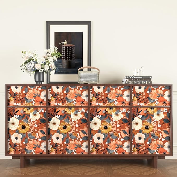 BOKEBEVE Floral Wallpaper Peel and Stick Boho Vintage Orange 17.5 x 118In | Removable Self Adhesive Renter Friendly Vintage Floral Wall Paper for Bedroom Bathroom Cabinet Drawer Feature Accent Wall - Image 5
