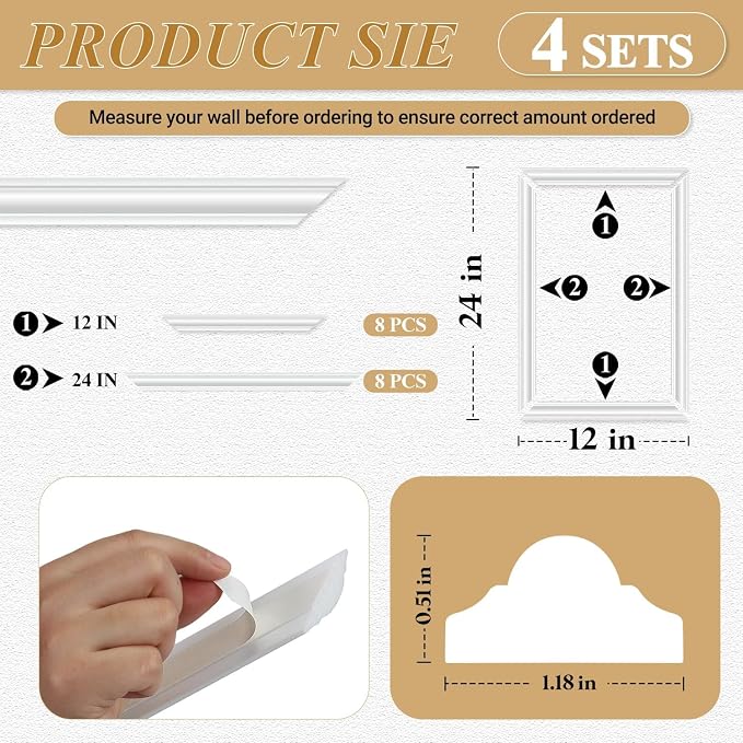 4 Set Peel and Stick Wall Molding Trim Kit, Premade Wainscoting Panels, White Pre Cut Wall Panels for Interior Wall Decor, DIY Home Decoration Picture Frame (12 x 24 Inch) - Image 2