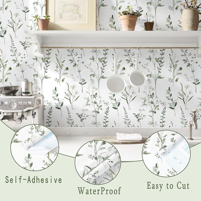 Peel and Stick Wallpaper for Bedroom Green Leaves Self-Adhesive | 393"×17.3" Green and White Wallpaper Fresh Accent Wall Decor with Grid Lines for Bathroom Vinyl Waterproof - Image 2