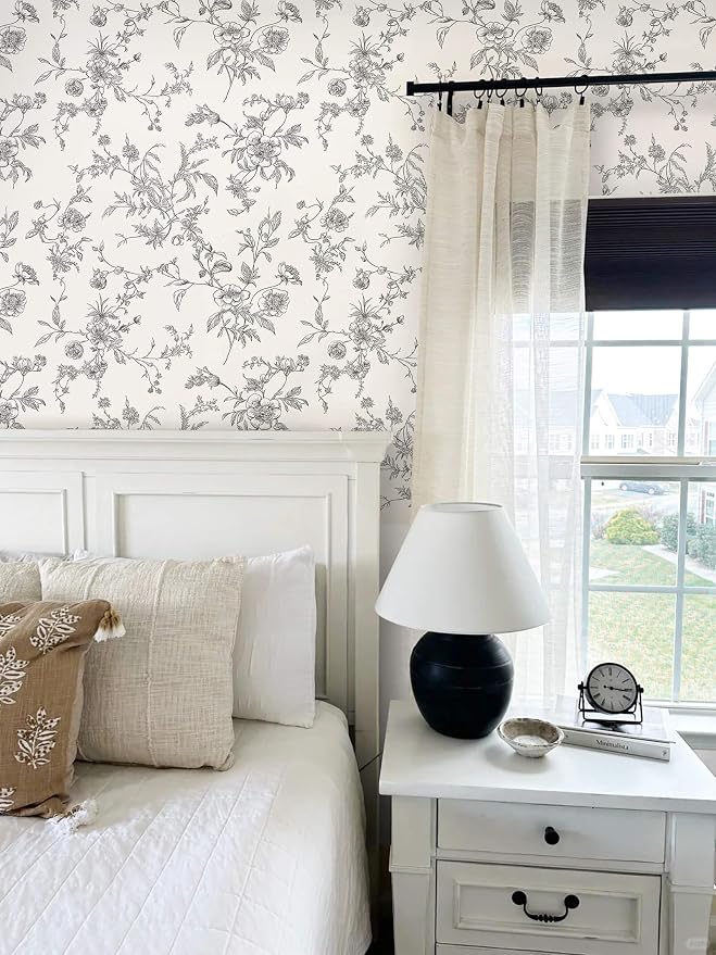 Ismoon Peel and Stick Wallpaper Floral Vintage Stick on Wall Paper Black and White Contact Paper for Cabinet French Textured Removable Self Adhesive Wallpaper Vinyl for Bedroom Wall Deco 17.3 x 393in - Image 3