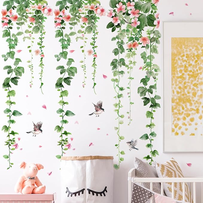 4 Sheets Green Plants Flower Wall Decals Hanging Vine Green Leaves Wall Stickers Watercolor Pink Flowers Wall Art Nature Removable Peel and Stick Wallpaper for Kids Bedroom Nursery Home Decoration 21 - Image 6