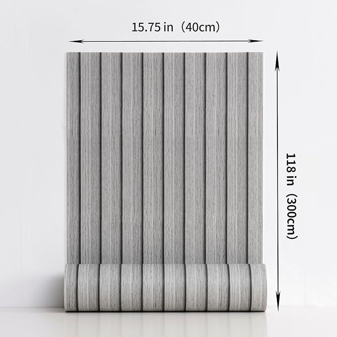 Haimin Wood Grain Slat Wall Panels Peel and Stick Faux Wood Thick Wallpaper | 118"x15.75" Waterproof PET & IXPE Foam Paneling Adhesive Smooth Beadboard Wallpaper Wall Covering Panels (Light Gray) - Image 4