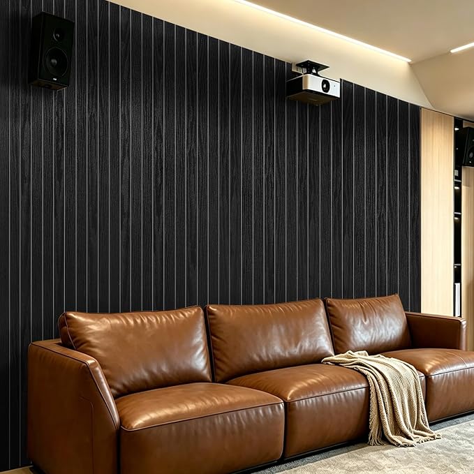 3D Peel and Stick Wall Panels PVC Grille Slat 394"x15.8" Self-Adhesive Wall Sticker Soundproof Paneling for Walls and Ceiling in Faux Black Wood Grain Texture - Image 6