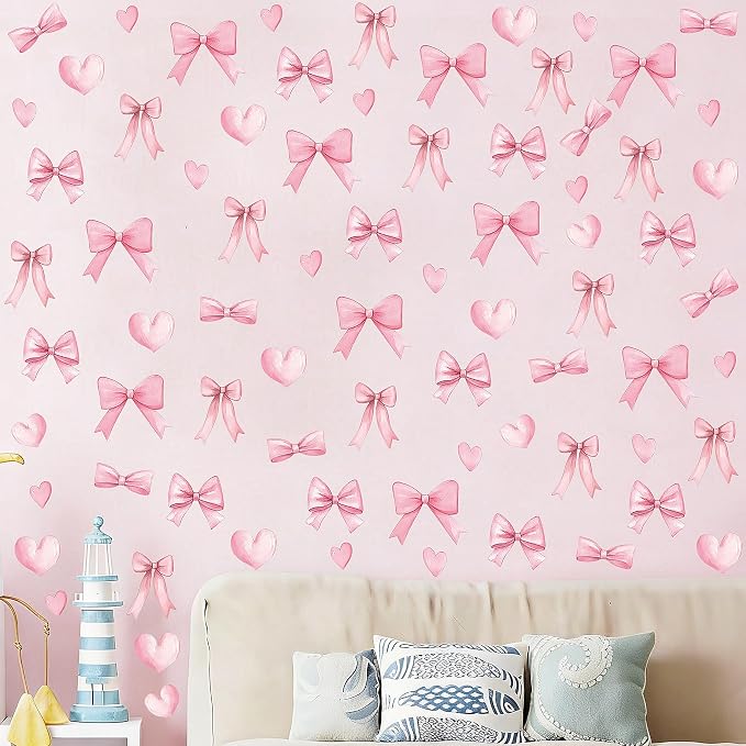 Arawat 48pcs Bowtie Wall Sticker and Decals for Bedroom and Bathroom Pink Bow Room and Wall Decor Heart Decoration Vinyl Peel and Stick Room Decor for Bedroom Bow Stickers - Image 6