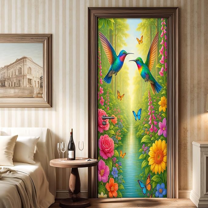 HOMETITUTE Hummingbird Flower Forest Nature Peel Stick Door 30.3x78.7 PVC | Wall Cover Poster Decals Removable Wallpaper Self Adhesive Livingroom Bedroom - Flower Forest - Image 6