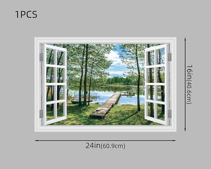 FLFK Fake Window Wall Decal Peel and Stick Wall Mural 24" x 16" | Lake & Forest Scene, 3D Illusion Effect, Removable Design, Home Office Decor, Easy Application - Image 2