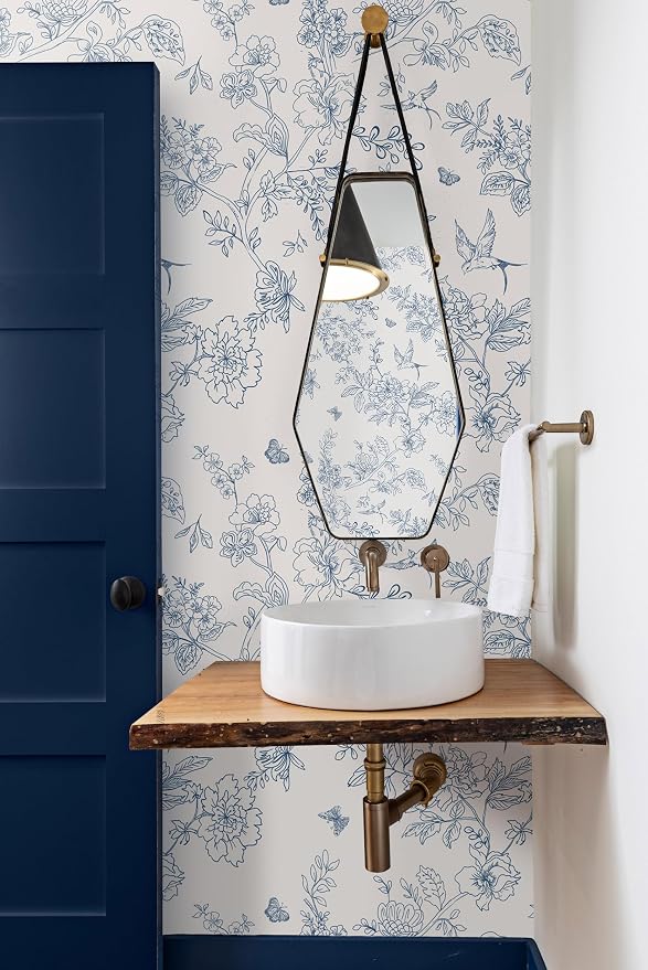 Froluya Cream White and Blue Peel and Stick Wallpaper Floral Contact Paper | 17.7in×118.1in Blue Floral Wallpaper Peel and Stick Vintage Flower Bird Self Adhesive Removable Wall Paper for Bathroom Vinyl - Image 2