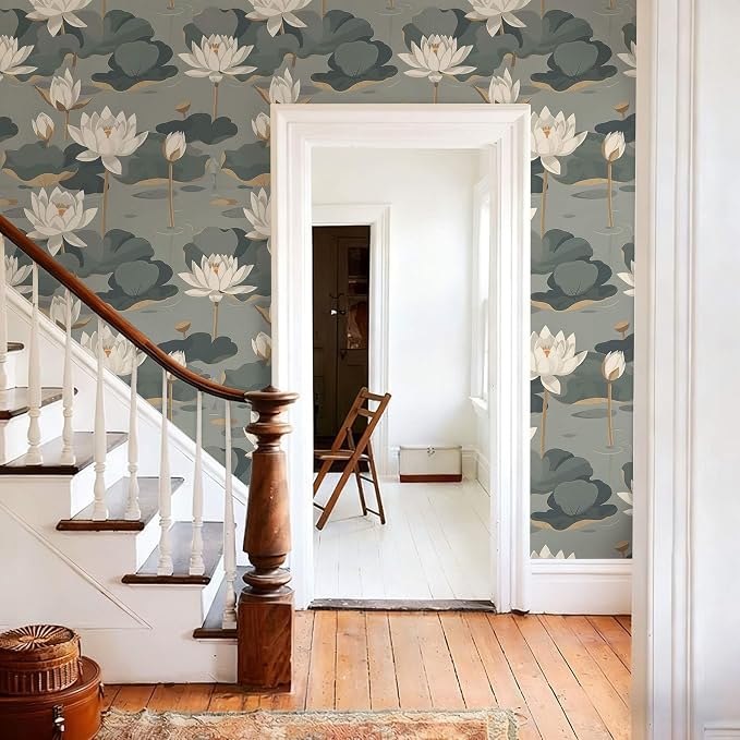 Lotus Flower Peel and Stick Wallpaper, Elegant Asian Botanical Water Lily Design (Gray-Green) Classic Plants for Home Decor | 17.7" x 118", Self-Adhesive, Waterproof Vinyl - Image 7