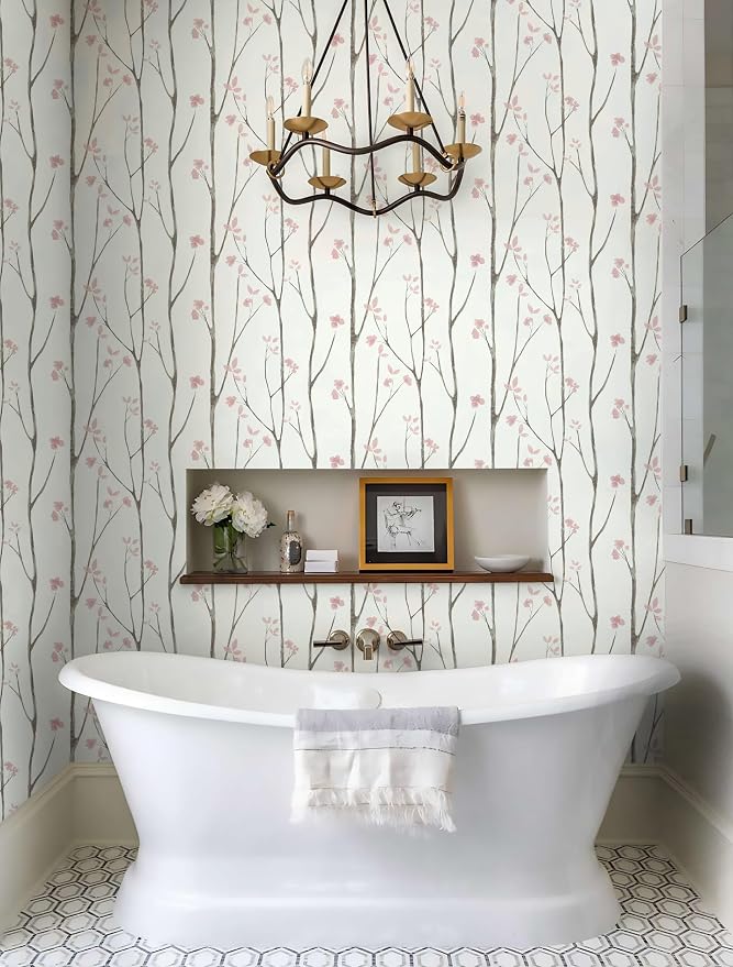 Timeet Floral Wallpaper White and Pink Wall Paper Peel and Stick Modern Contact Paper Removable Self-Adhesive Bedroom Bathroom 16" x 78.7" - Image 5