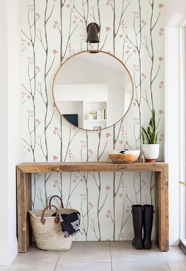 Timeet 197"x16" Floral Wallpaper Peel and Stick Wallpaper White and Pink Wallpaper Boho Self Adhesive Removable Wallpaper for Living Room Bedroom Bathroom Decor - Image 3