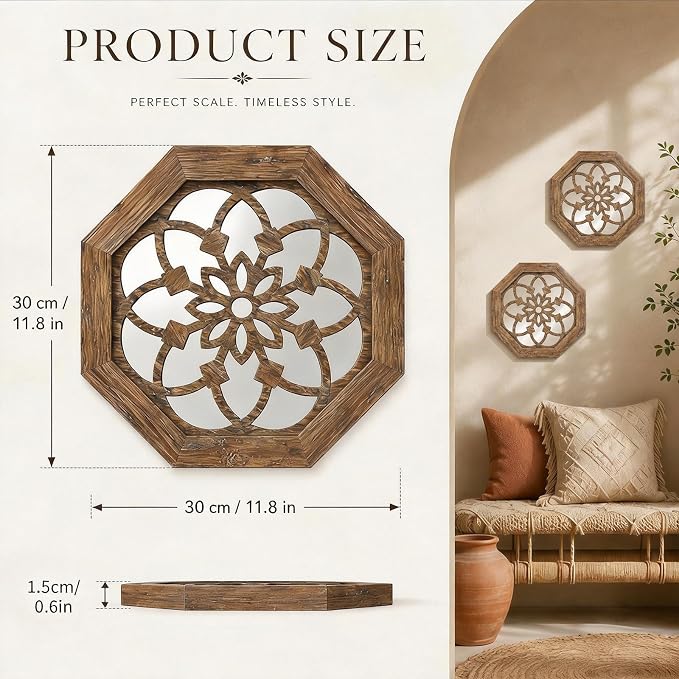 2 Pack 12 Inch Octagon Maroon Rustic Wood Frame Acrylic Wall Mirrors, Farmhouse Boho Wall Art Decor for Living Room, Bedroom, Hallway, Entryway, Bathroom & Office - Image 3