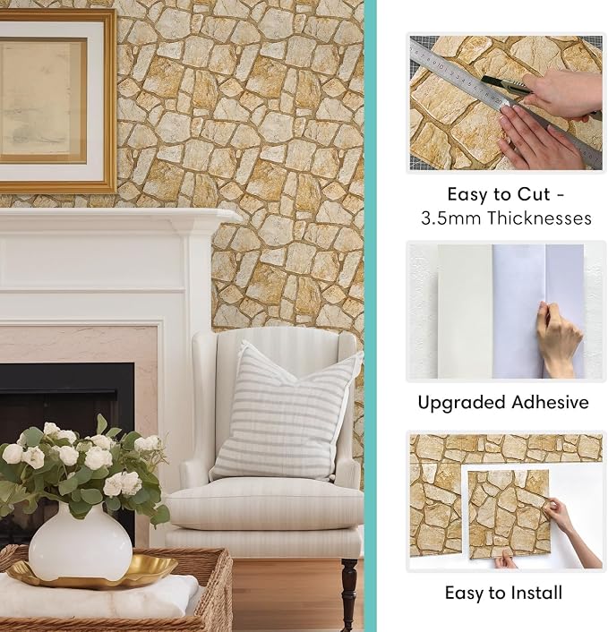 Commomy Faux Stone Peel and Stick Wall Panels | Ultralight Thin PVC Printable Faux Rock Wall Covering Decorative Tiles for Living Room,Fireplace(Covers 9.7 sq.ft) - Image 5