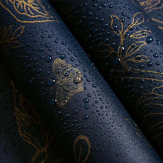 Froluya Dark Blue Peel and Stick Wallpaper Vintage Floral 17.7in×393.7in | Navy Blue and Gold Floral Self Adhesive Wall Paper Dark Birds Removable Decorative Contact Paper for Bathroom Cabinets Vinyl - Image 4