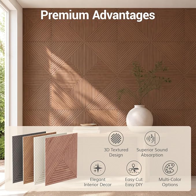 TONOR Acoustic Wall Panels Peel and Stick, 12 Pack 23.6''x23.6''-46.5 sq.ft. High-Density Acoustic Wood Panels Alternative. Soundproof Wall Panels for Interior Wall Decor, Home, Bedroom, Walnut - Image 7