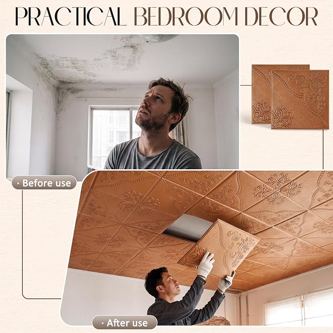 Nuanchu 40 Pcs 13.8 x 13.8 Inch Ceiling Tiles Peel and Stick, Copper | Foam White 3D Wall Panels 26-105.5 Sq. ft Adhesive Glue up Waterproof Wallpaper for DIY Office Home - Image 4
