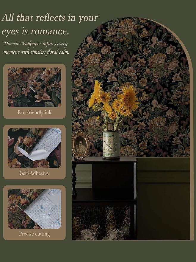 Dimoon Vintage Wallpaper Peel and Stick Archival Dark Green Floral Wallpaper 17.3"x197"Flower Leaf Retro Contact Paper for Bedroom Thicken Waterproof Self Adhesive Wall Paper Removable Vinyl Roll - Image 3