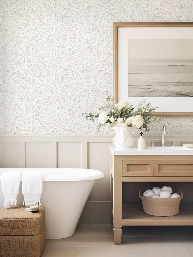 Ismoon Peel Stick Wallpaper Boho Beige Neutral Vintage Floral Contact Paper | 17.3x196in Renter Friendly Textured Wall Paper Self Adhesive Removable Wallpaper for Bedroom Kitchen Bathroom Wall Decor - Image 9