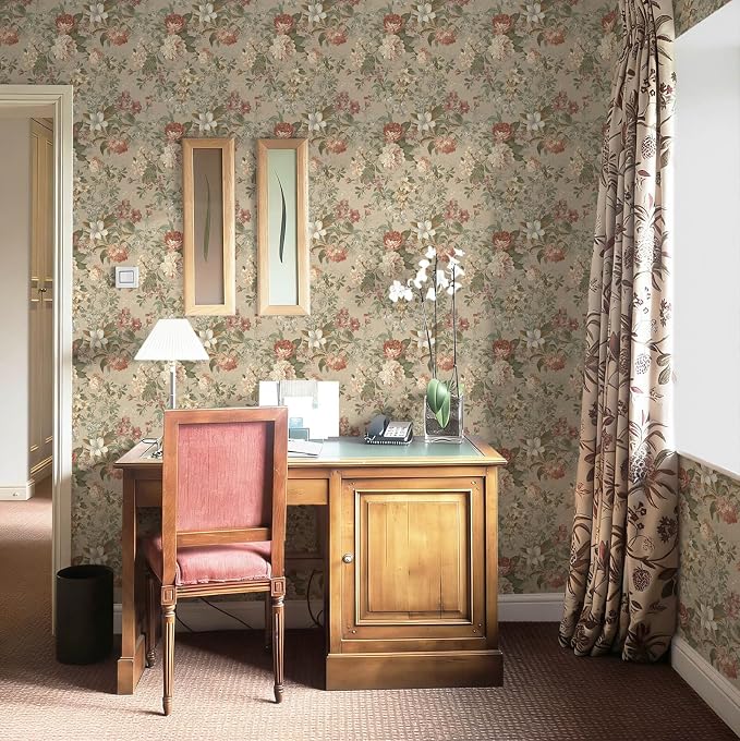 Peel and Stick Wallpaper for Bedroom Vintage Red Floral Self-Adhesive | 393"×17.3" Peony French Country Wallpaper Vintage Accent Wall Decor with Grid Lines for Nursery Bathroom Vinyl Waterproof - Image 3