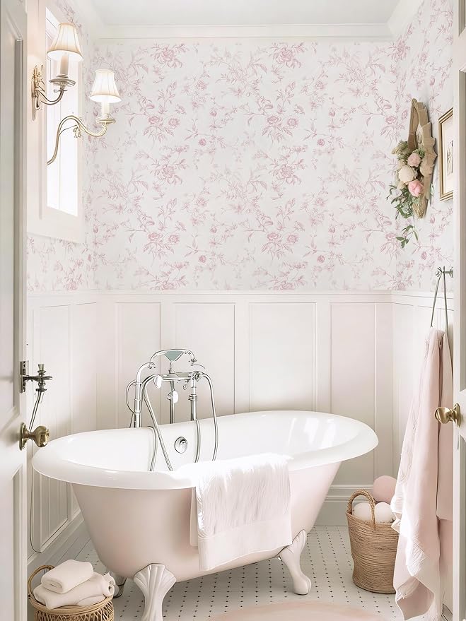 Ismoon Pink Floral Peel and Stick Wallpaper Vintage French for Bedroom | Textured Botanical Contact Paper Removable Self Adhesive Wallpaper for Bathroom Vinyl Roll Renter Friendly 17.3in×9.84 ft - Image 5